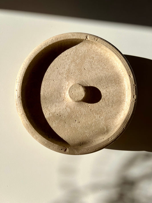 Large travertine bowl with lid