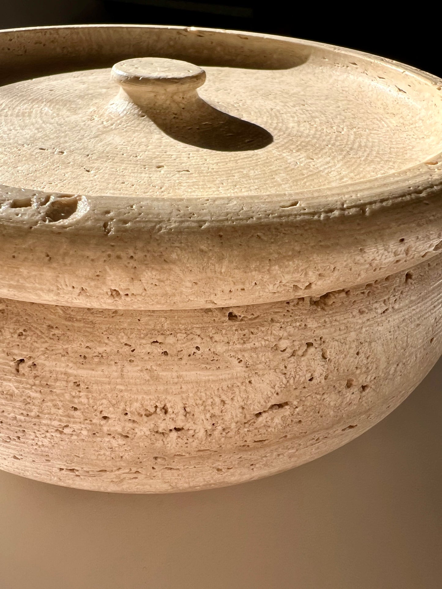 Large travertine bowl with lid