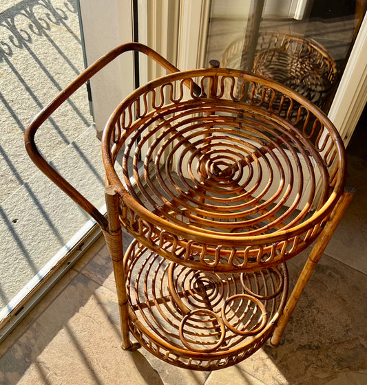 Mid-century round bamboo and rattan serving trolley