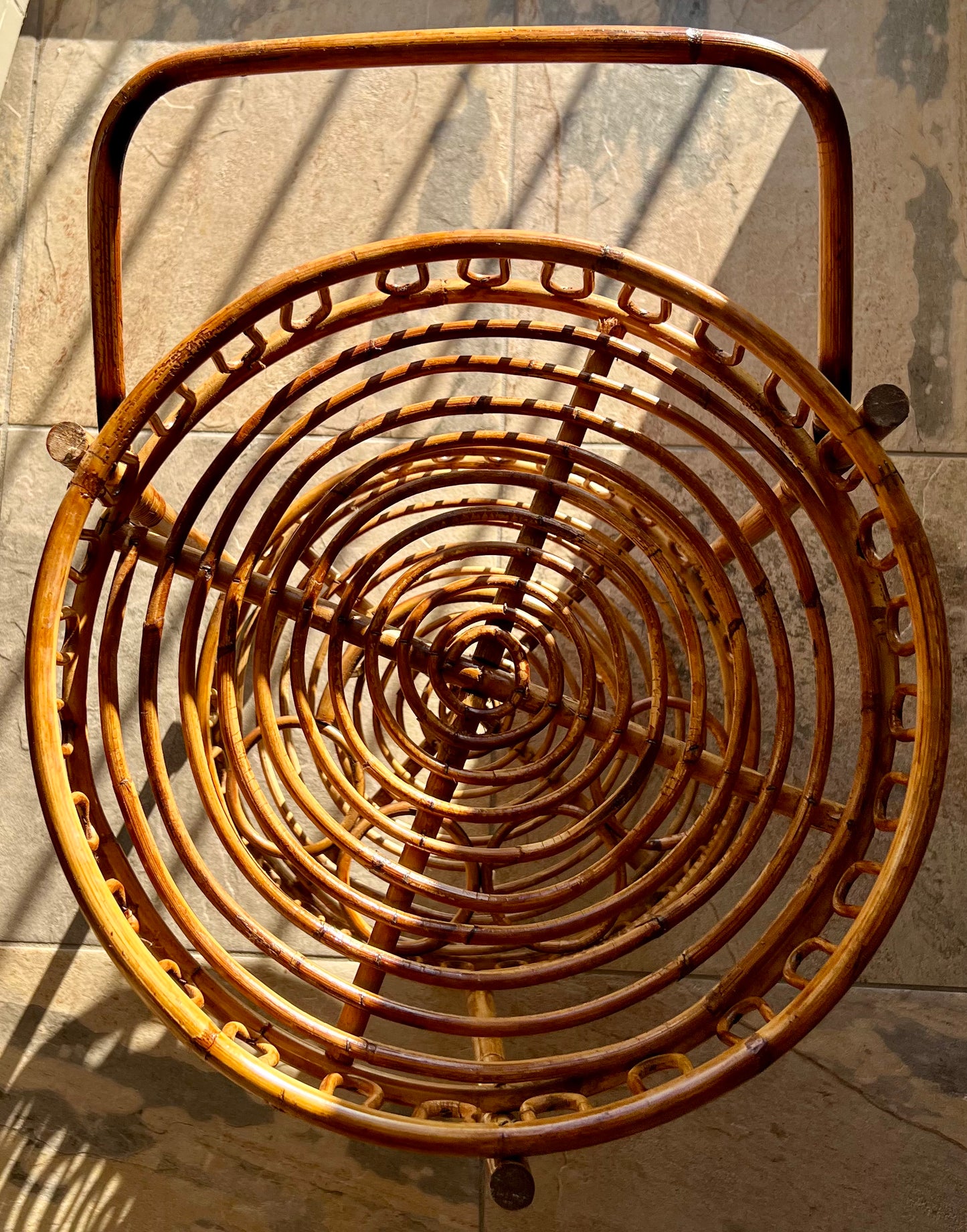 Mid-century round bamboo and rattan serving trolley