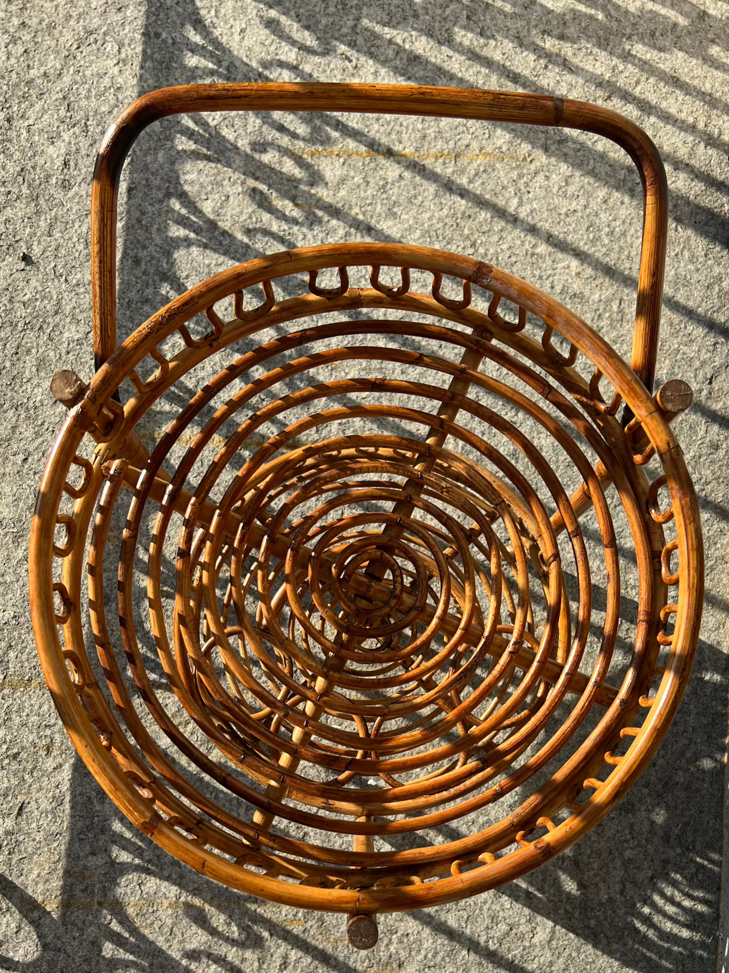 Mid-century round bamboo and rattan serving trolley