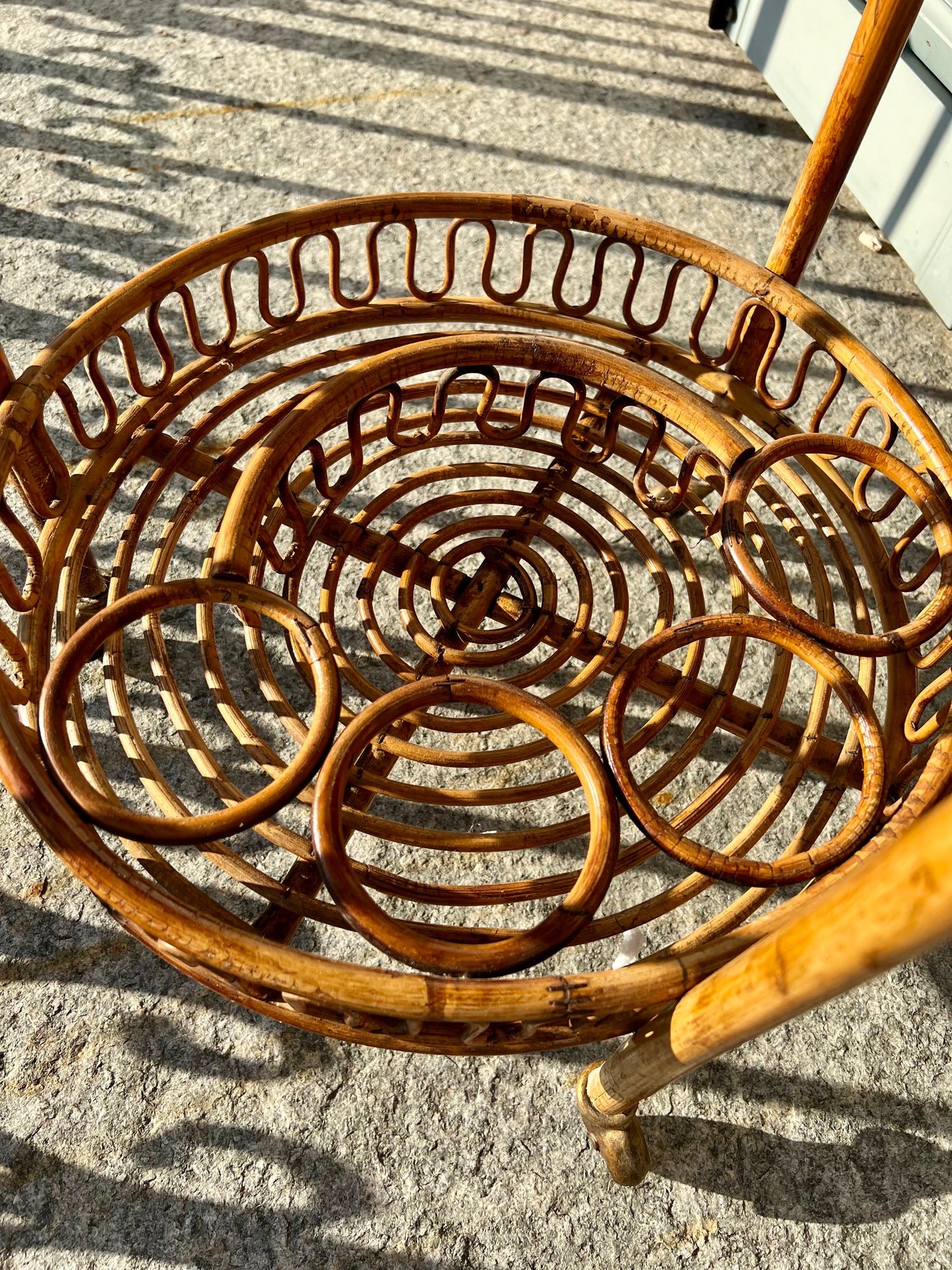 Mid-century round bamboo and rattan serving trolley