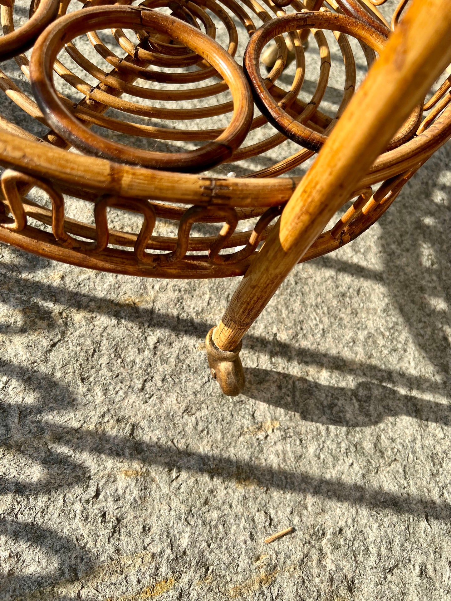 Mid-century round bamboo and rattan serving trolley